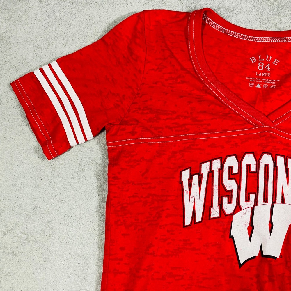 Blue 84 Wisconsin Badgers T-Shirt Women Large Red Burnout V-Neck Jersey Style - Picture 6 of 12